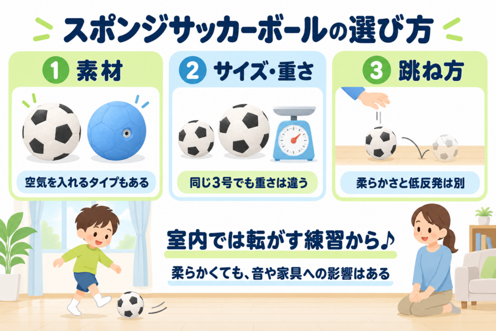 スポンジサッカーボールは素材、サイズと重量、跳ね方を確認し、室内では転がす練習から始める図解