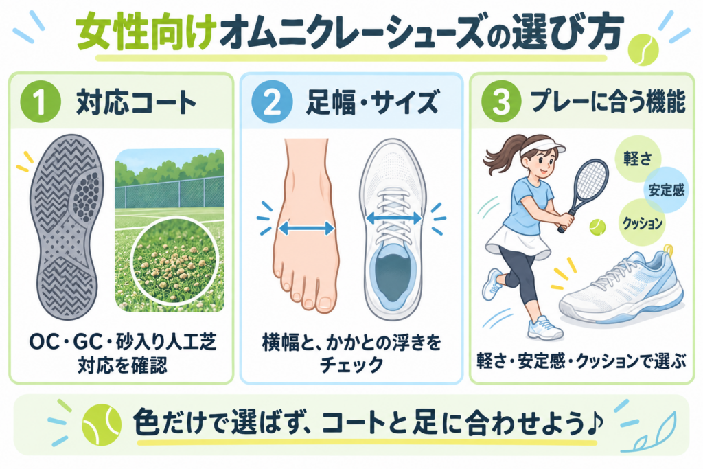女性向けオムニクレーシューズの選び方:対応コート、足幅とサイズ、プレーに合う機能を確認