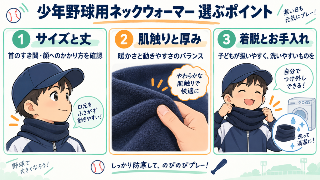 少年野球用ネックウォーマーの選び方：サイズと丈、肌触りと厚み、着脱とお手入れ