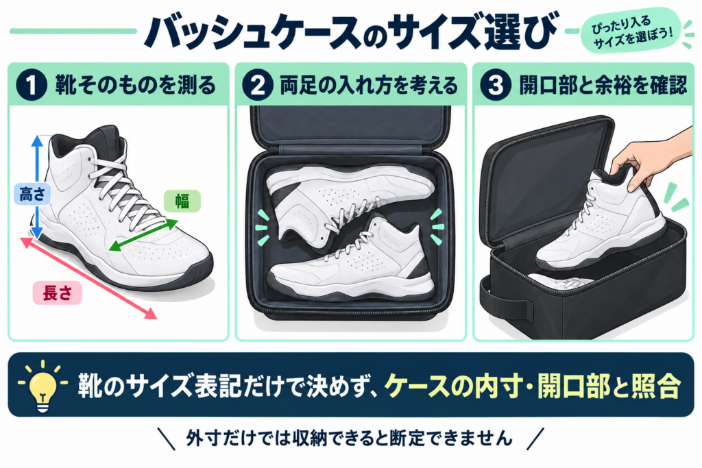 バッシュケースのサイズ選び:靴の長さ・幅・高さ、両足の入れ方、開口部と余裕を確認