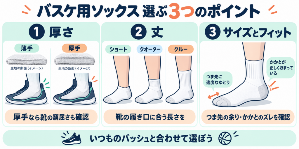 バスケ用ソックスの選び方：厚さ・丈・フィット感をバッシュと合わせて確認