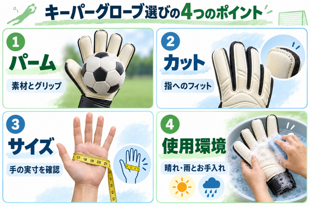 キーパーグローブ選びの4つのポイント：パーム素材、カット、サイズ、使用環境とお手入れ
