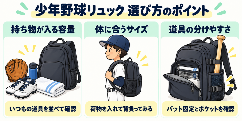 少年野球用リュックの容量・体に合うサイズ・道具の分けやすさを比べるポイント