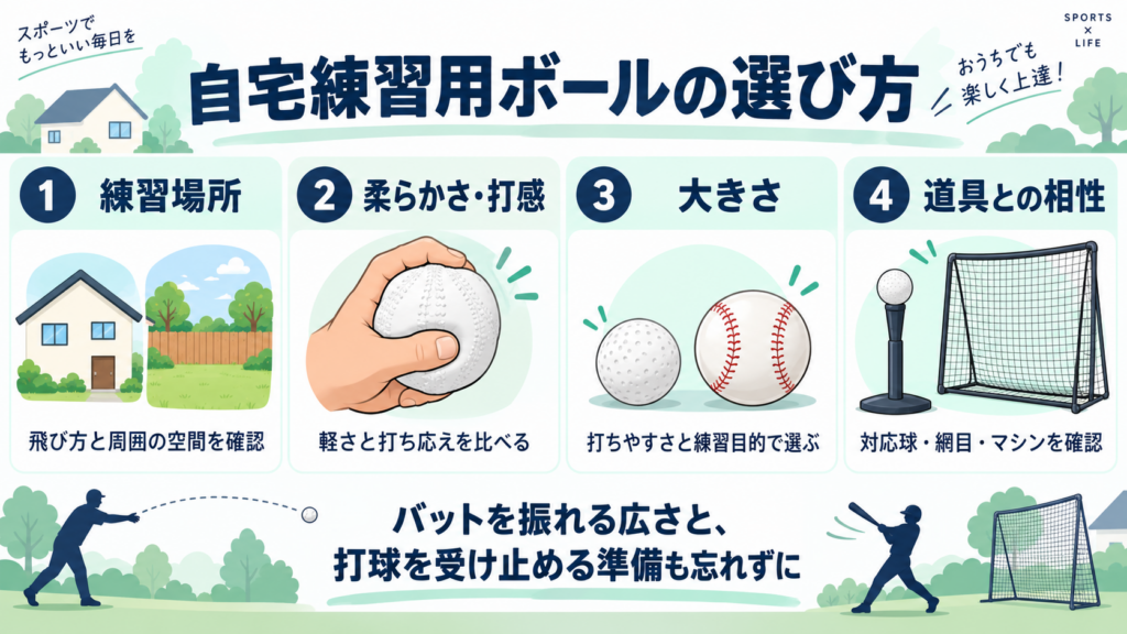 自宅練習用ボールの選び方：練習場所・柔らかさと打感・大きさ・道具との相性