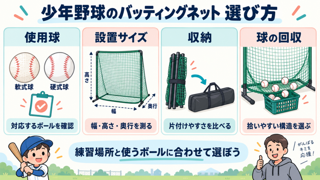少年野球のバッティングネット選び:使用球・設置サイズ・収納・球の回収
