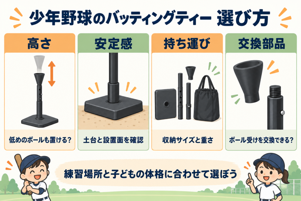 少年野球のバッティングティー選び：高さ・安定感・持ち運び・交換部品