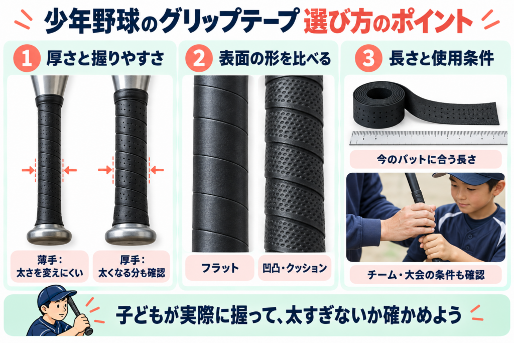 少年野球用バットのグリップテープの厚さ・表面形状・長さと使用条件の選び方