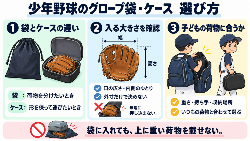 グローブ袋とケースの違い、入る大きさ、子どもの持ち運びやすさを選ぶポイント