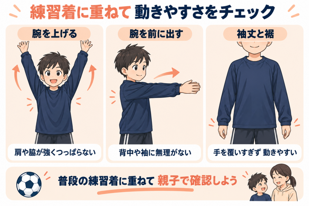 練習着に重ねたピステの動きやすさ：腕を上げる、前に出す、袖丈と裾を確認