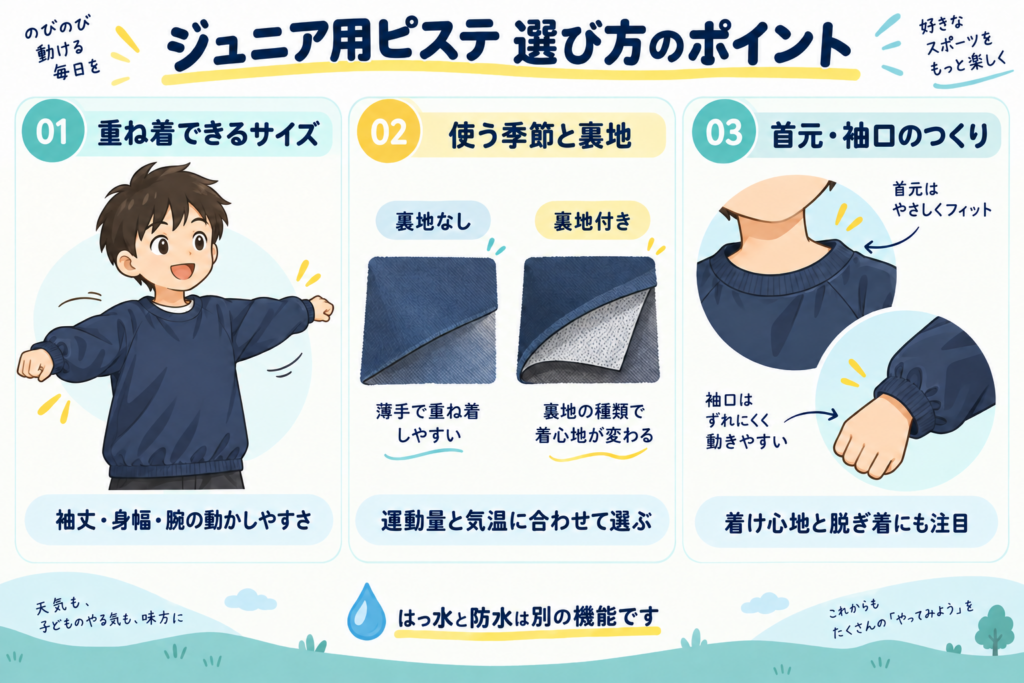 ジュニア用ピステの選び方：重ね着できるサイズ、使う季節と裏地、首元と袖口