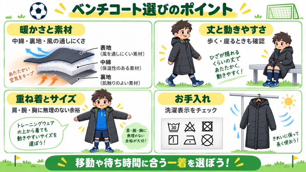 ベンチコート選びのポイント：暖かさと素材・丈・重ね着とサイズ・お手入れ