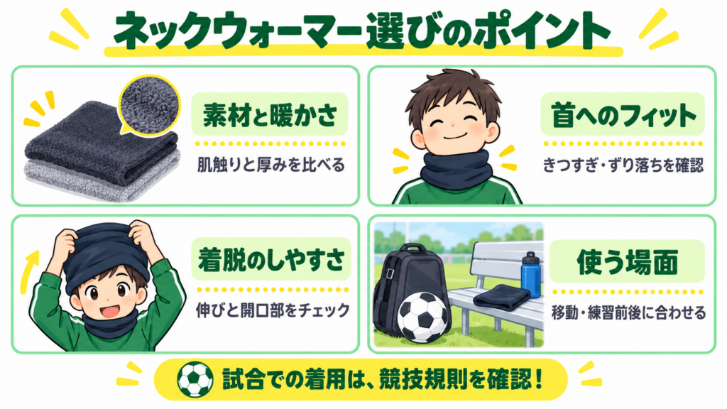 ネックウォーマー選びのポイント：素材と暖かさ・首へのフィット・着脱・使用場面