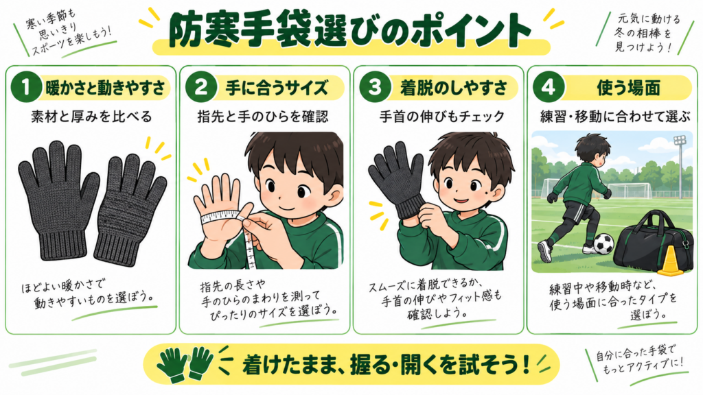 防寒手袋選びのポイント:暖かさと動きやすさ・サイズ・着脱・使用場面