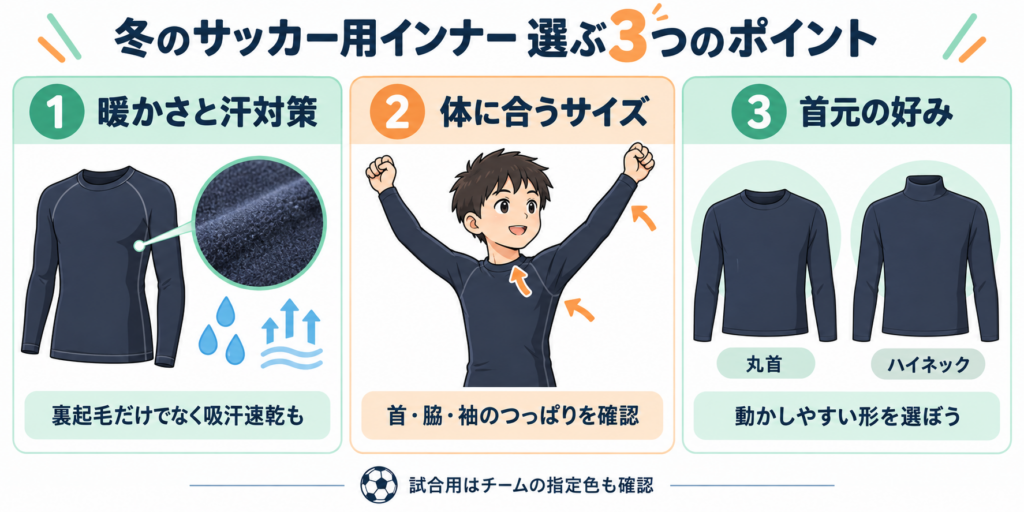 冬のサッカー用インナーの選び方:暖かさと汗対策、首・脇・袖のフィット、首元の形と指定色
