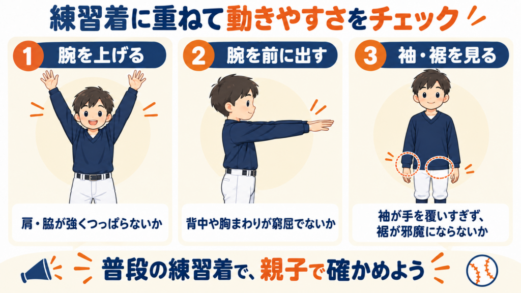 練習着に重ねた上着の着用チェック：腕を上げる、前に出す、袖と裾の収まりを見る