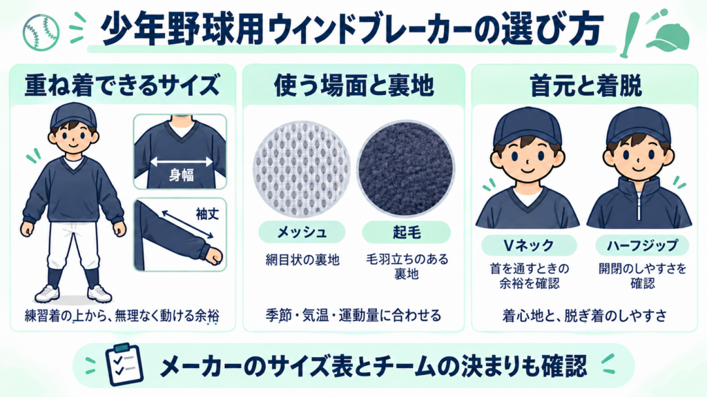 少年野球用ウインドブレーカーの選び方：重ね着のサイズ、使う場面と裏地、首元と着脱