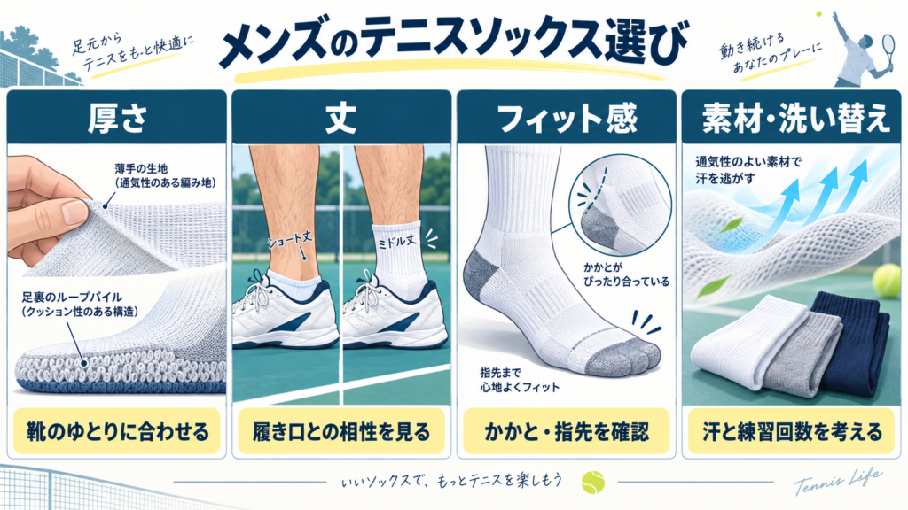 メンズ向けテニスソックス選びのポイント：厚さ・丈・フィット感・素材と洗い替え