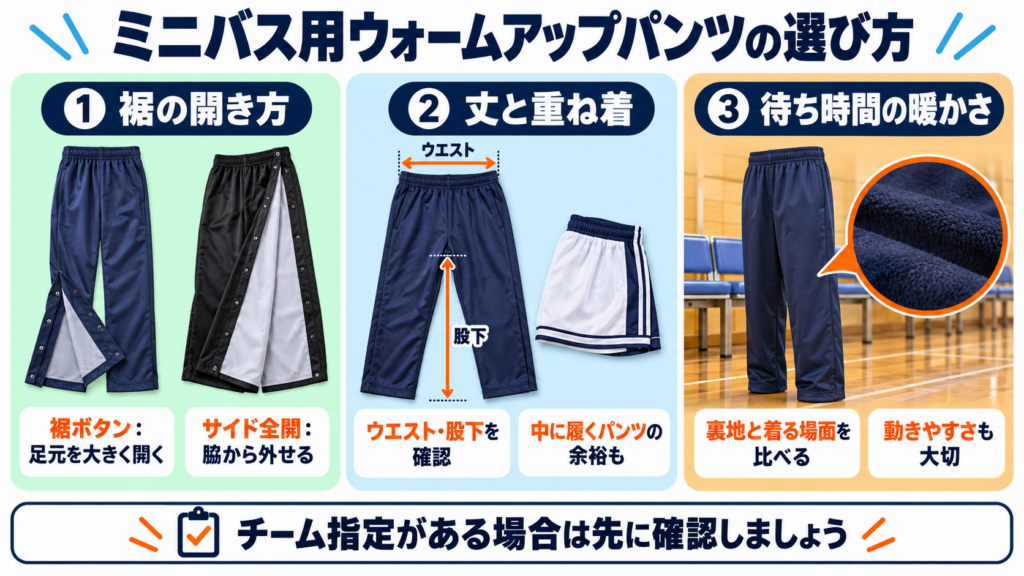 ミニバス用ウォームアップパンツの選び方：裾の開き方、ウエストと股下、待ち時間の暖かさ