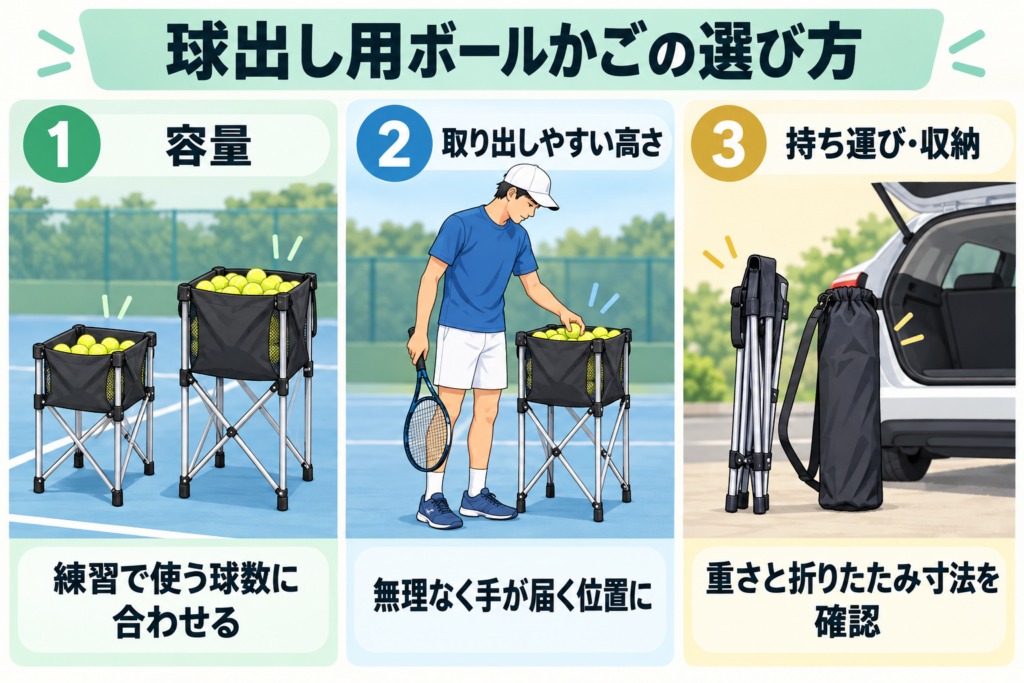 球出し用ボールかごは容量・取り出しやすい高さ・持ち運びと収納で選ぶ