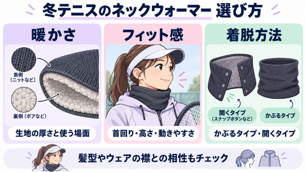 冬のテニス用ネックウォーマーの選び方:暖かさ・首回りのフィット感・着脱方法
