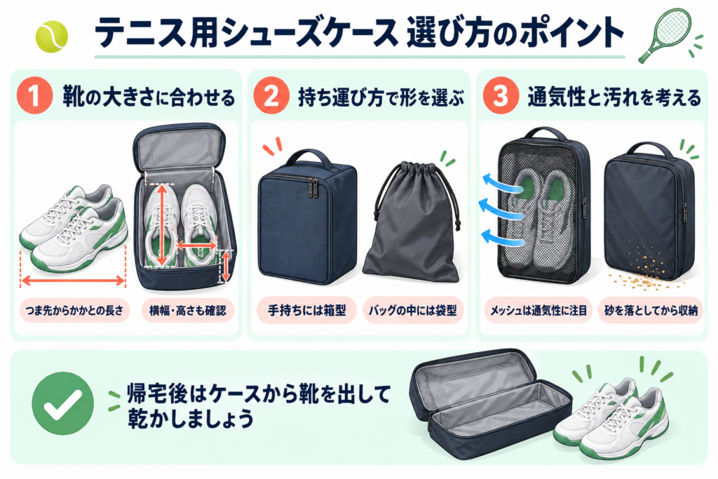 テニス用シューズケースのサイズ・形・通気性と砂や汚れの選び方