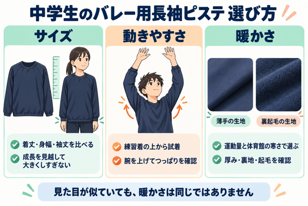 バレー用長袖ピステの選び方:着丈・身幅・袖丈、腕を上げたときの動きやすさ、体育館に合う暖かさ