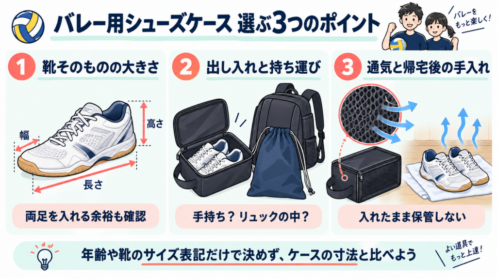 バレー用シューズケースの選び方:靴の長さ・幅・高さ、持ち運び方、通気と帰宅後の手入れ