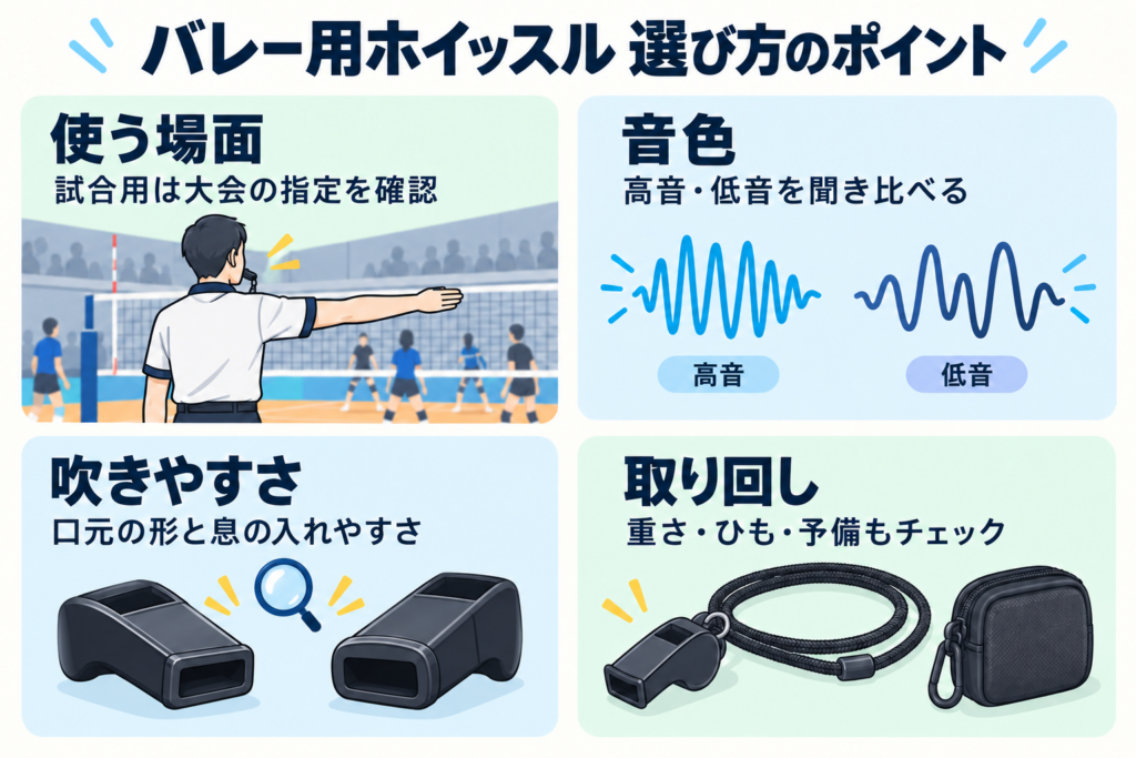 バレーボール用ホイッスルを使う場面、音色、吹きやすさ、ひもの取り回しで選ぶポイント