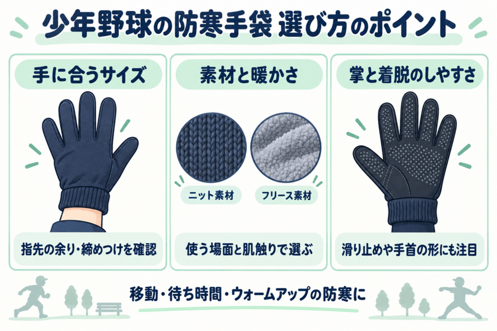 少年野球の防寒手袋の選び方:サイズ、素材と暖かさ、掌と着脱のしやすさ