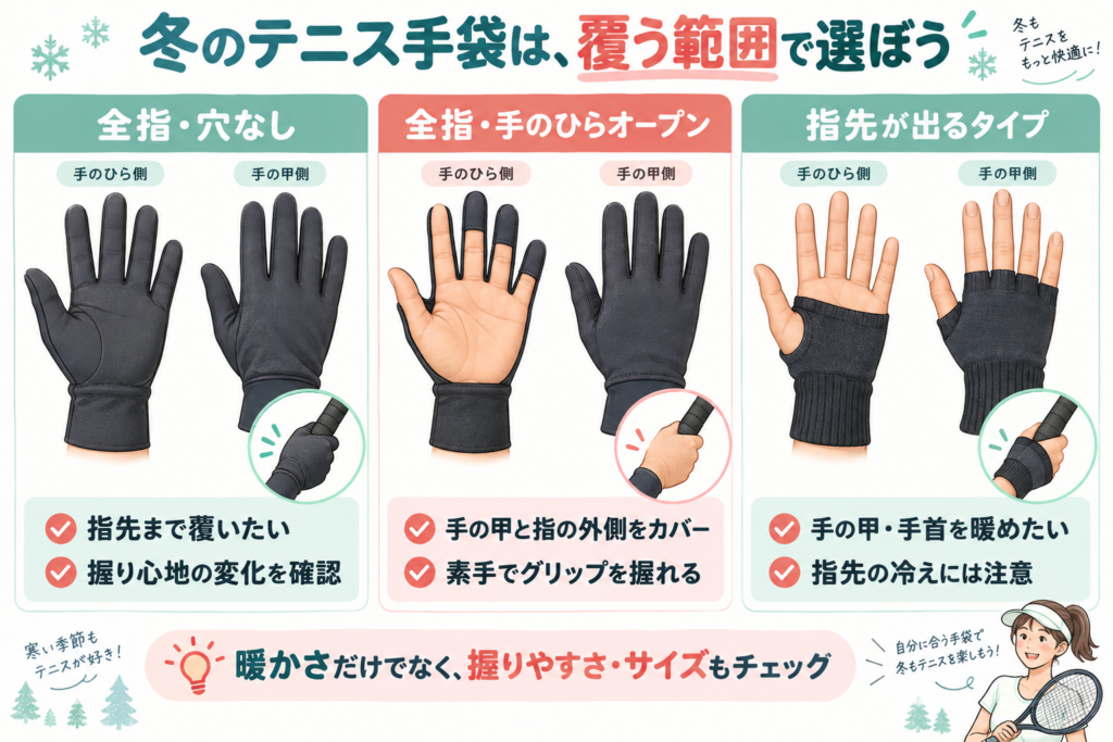冬のテニス手袋の選び方:全指・穴なし、全指・手のひらオープン、指先が出るタイプの違い