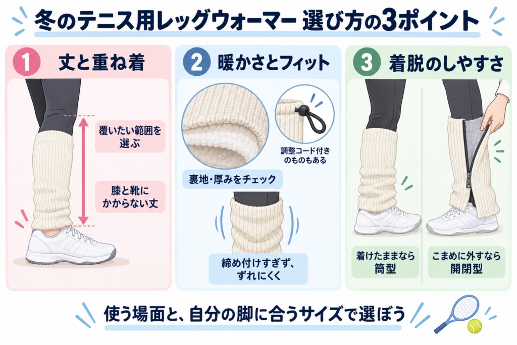冬のテニス用レッグウォーマーの選び方:丈と重ね着、暖かさとフィット、着脱のしやすさ