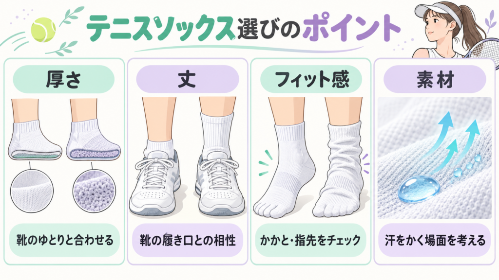 テニスソックス選びのポイント:厚さ・丈・フィット感・素材